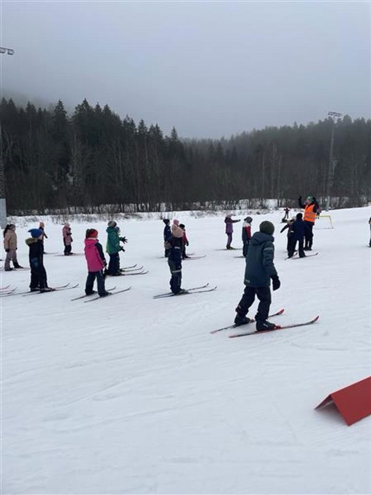 En gruppe mennesker på ski